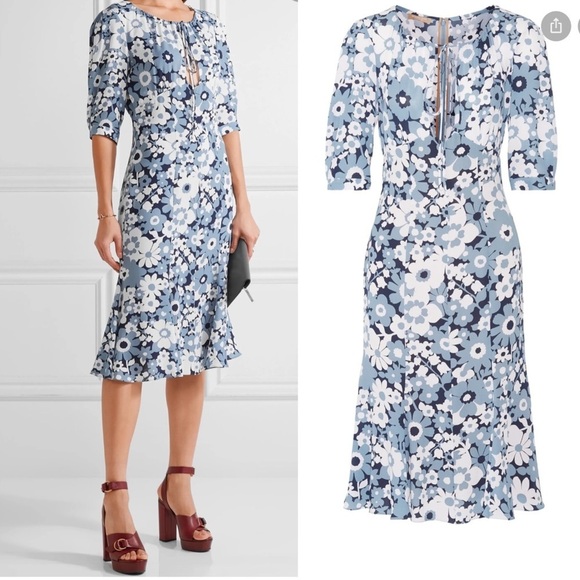 MICHAEL KORS COLLECTION Blue White Midi Floral Silk Georgette Dress sz 2